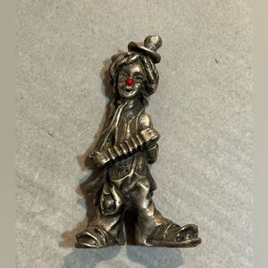 Hobo Circus Clown Solid Pewter Silver Tone Metal Figurine Accordion Red Nose EUC